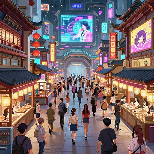 Vibrant digital illustration of a bustling neon-lit Asian market street at night, filled with diverse shoppers, colorful signs, and illuminated stalls.
