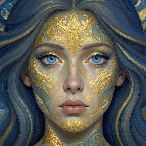 Digital painting of a woman with blue eyes and long blue-gold hair, adorned with intricate gold and blue tribal patterns on her face. Her expression is