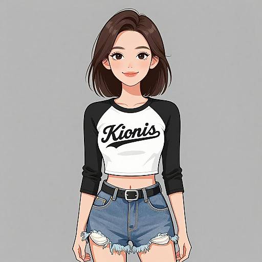 Digital anime-style drawing of a young woman with fair skin, brown hair, wearing a black-and-white 