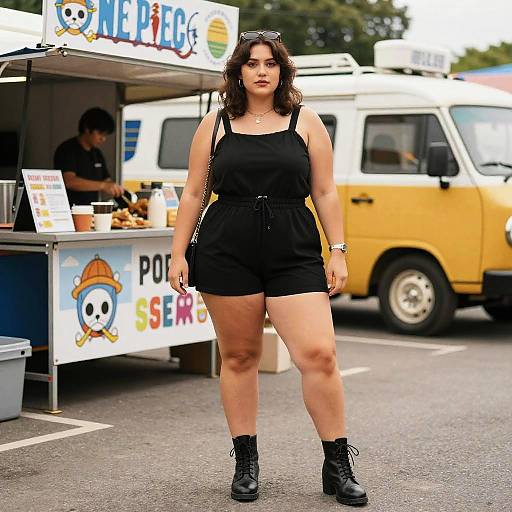 Photograph of a curvy woman with dark curly hair, wearing a black tank top and shorts, black boots, standing in front of a food truck