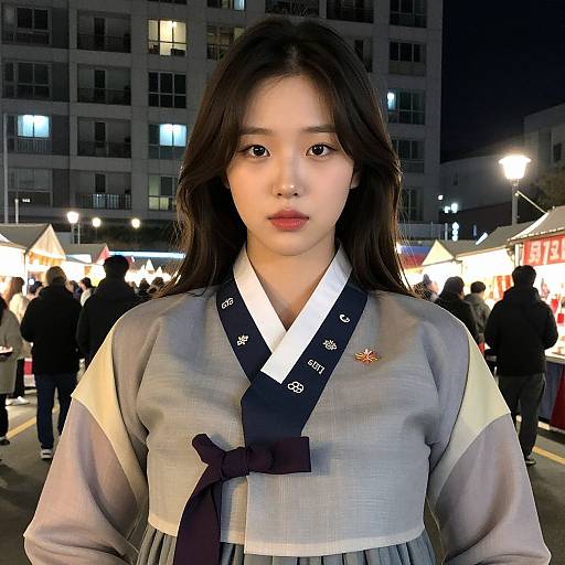 Photograph of an East Asian woman with long black hair, wearing a traditional Korean hanbok in gray and black, standing in a nighttime market with
