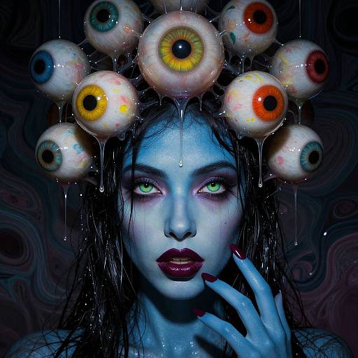 Digital artwork of a blue-skinned woman with green eyes, dark wet hair, and a headpiece of dripping, colorful eyeballs. Her dark red