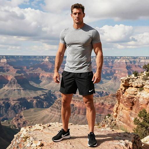 Muscular Man Standing on Rocky Canyon Outcrop