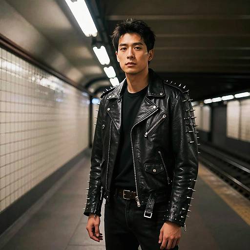 Man in Spiky Leather Jacket in Subway