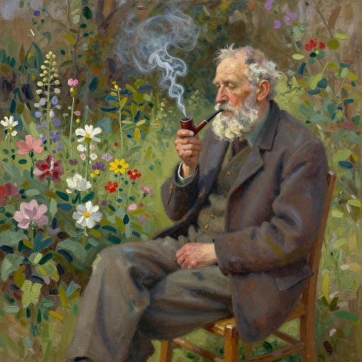 Elderly Man Smoking Pipe in Flower Garden