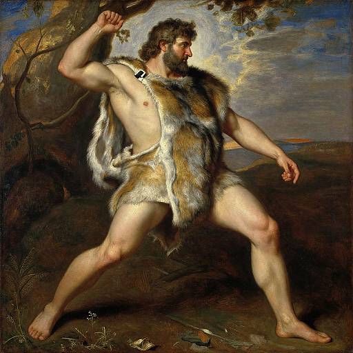Baroque-style painting of a muscular, bearded man with brown fur loincloth, raising his right arm, standing in a forested landscape.