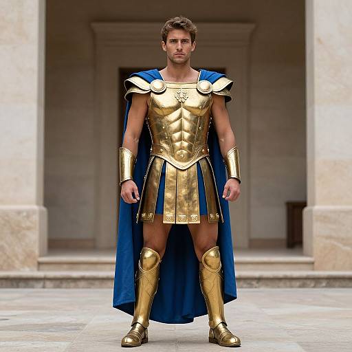 Photograph of a muscular man in golden Roman-style armor with blue cape, standing in a stone architectural doorway.