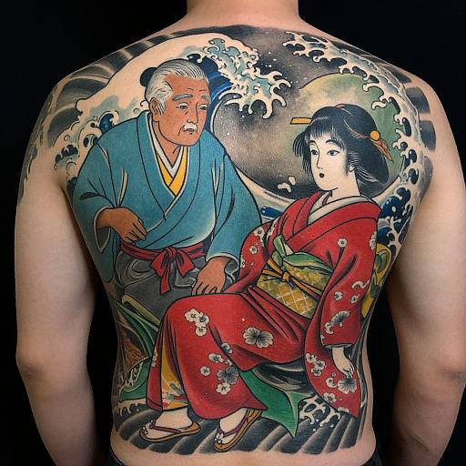 Tattoo of traditional Japanese art on a man's back, depicting an elderly man in a blue kimono and a woman in a red kimono