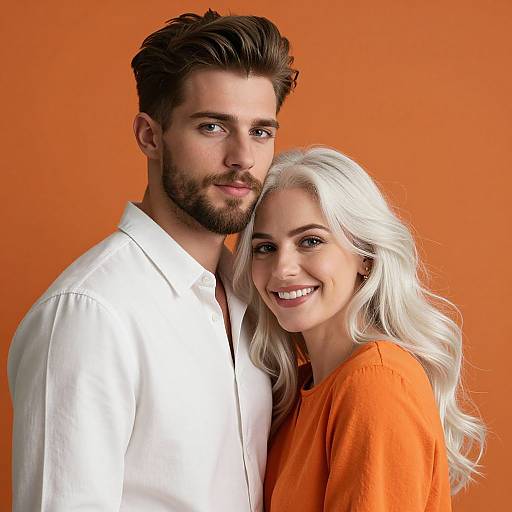 Photograph of a smiling couple against an orange background; man with dark brown hair and beard in white shirt, woman with white hair in orange top.