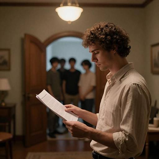 Man Reading in Dimly Lit Room