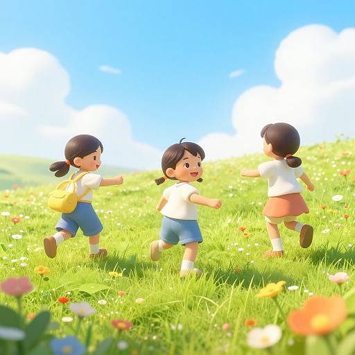 Digital illustration of three smiling children with black hair, wearing white shirts and blue shorts, running joyfully in a vibrant, sunny meadow filled with colorful