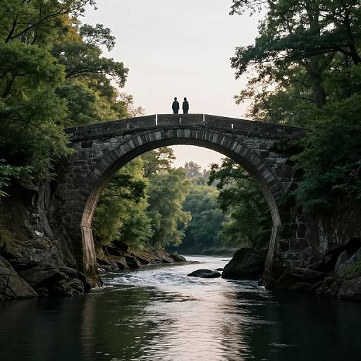 Photograph of a stone arch bridge spanning a lush, green river, with two silhouetted figures standing on top, surrounded by dense trees at