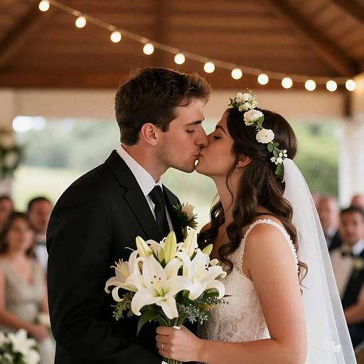 Romantic Wedding Kiss Under String Lights