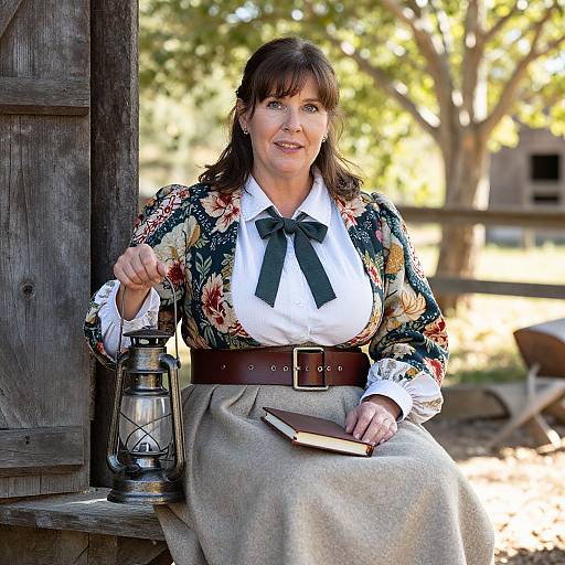 Photograph of a middle-aged woman with brown hair in a floral blouse, black ribbon, beige skirt, holding lantern, book, outdoors.