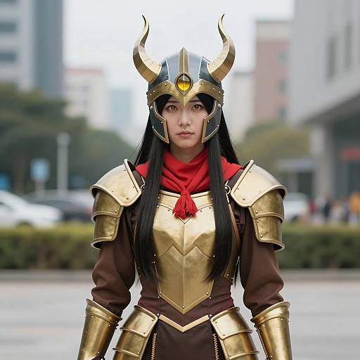 Asian Woman in Horned Medieval Armor Costume