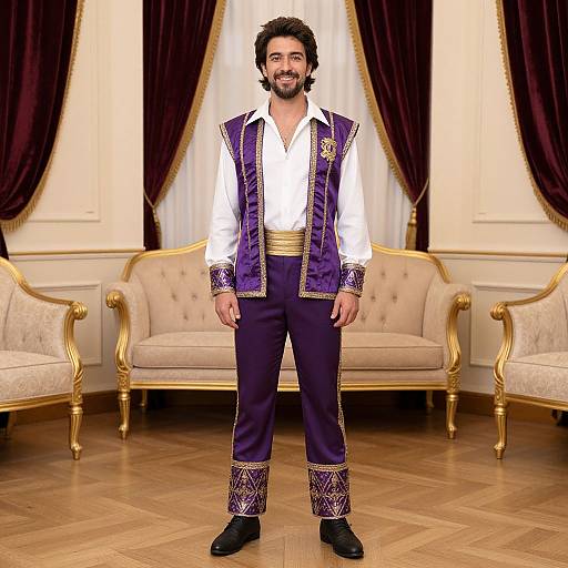 Photograph of a smiling man with dark hair and beard, wearing a white shirt, purple vest with gold embroidery, and matching pants, standing in a