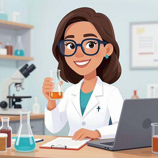 Cartoon-style illustration of a smiling female scientist with brown hair, black glasses, and white lab coat, holding an orange liquid in a flask, working
