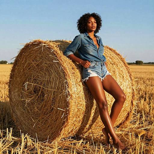 Photograph of a confident Black woman with curly hair, wearing a denim shirt and frayed shorts, leaning against a large hay bale in a golden
