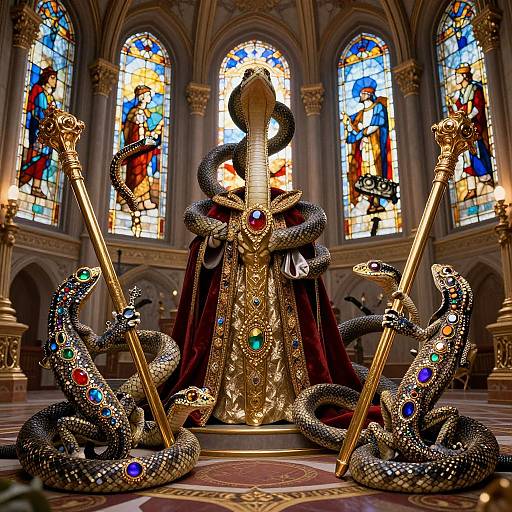 Photorealistic CGI: Intricate cathedral interior with three jeweled, serpent-like creatures encircling gold staffs around a crowned, ornate figure