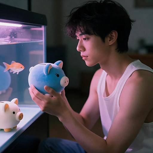 Young Man with Plush Piggy Bank in Neon Light
