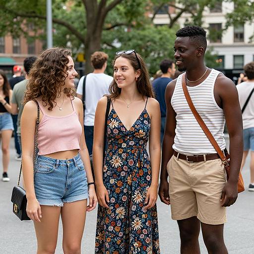 Photograph of three diverse young adults smiling, walking outdoors; woman in pink crop top and denim shorts, woman in floral dress, man in white tank