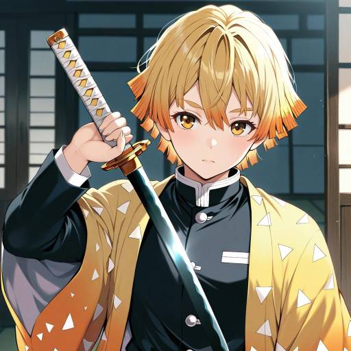 Illustration of Agatsuma zenitsu, kimetsu no yaiba in the style of Takaharu