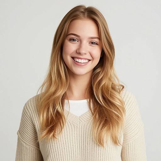 Smiling Woman in Chunky Knit Sweater