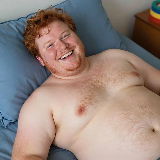 Cheerful Obese Man on Blue Pillow