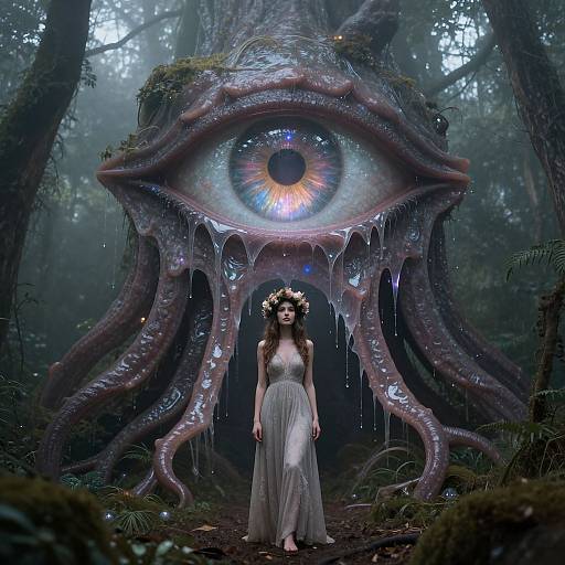Digital art: A mystical forest scene with a woman in a flowing white dress standing before a giant, dripping, eye-like tree with glowing iris and roots