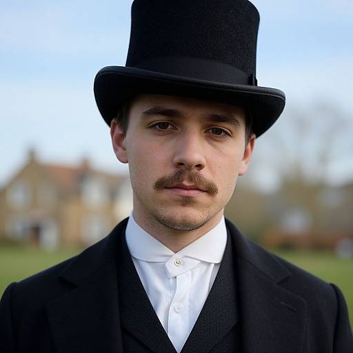 Photograph of a young man with fair skin, dark brown eyes, and a thin mustache, wearing a black top hat, white shirt, and
