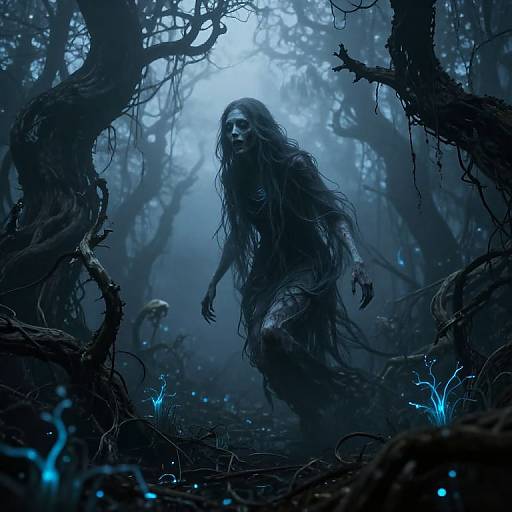 Digital art: Mysterious, eerie forest creature with long, tattered hair and skeletal face emerges from dark, misty woods, surrounded by glowing blue