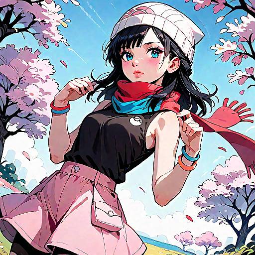 Anime Girl in Pink Skirt with Cherry Blossoms