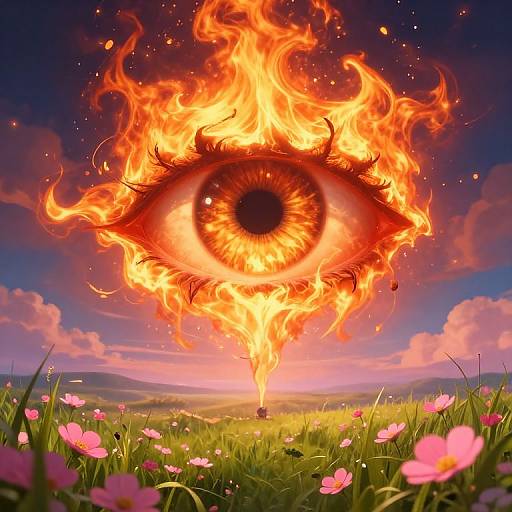 Digital artwork of a burning, glowing eye with fiery orange and yellow flames, centered above a field of pink flowers under a vibrant sunset sky.