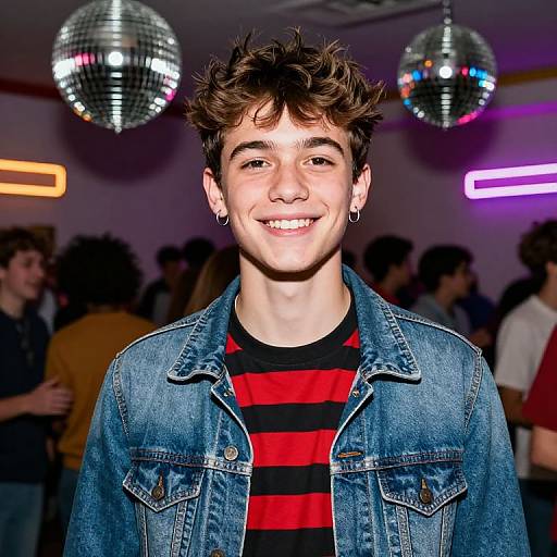 Photograph of a young man with short, curly brown hair, smiling, wearing a denim jacket over a red and black striped shirt, in a dim