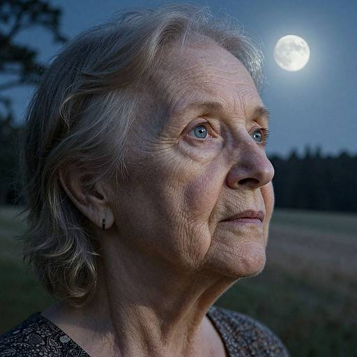 Photograph of an elderly woman with silver hair, blue eyes, and deep wrinkles, gazing upwards at a full moon in a nighttime field.