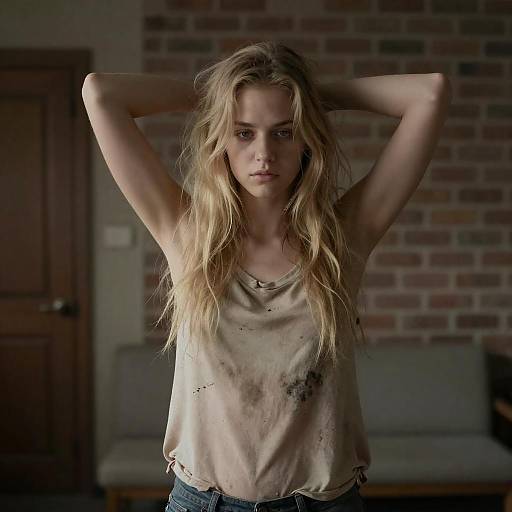 Young Woman with Messy Blonde Hair and Dirty Shirt