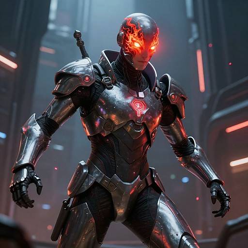 CGI image of a futuristic, armored robot with glowing red eyes and chest emblem, standing in a neon-lit, cyberpunk cityscape.