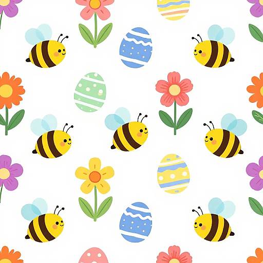 Cute, colorful pattern of cartoon bees, flowers, and Easter eggs on a white background. Digital illustration, playful, child-friendly style.