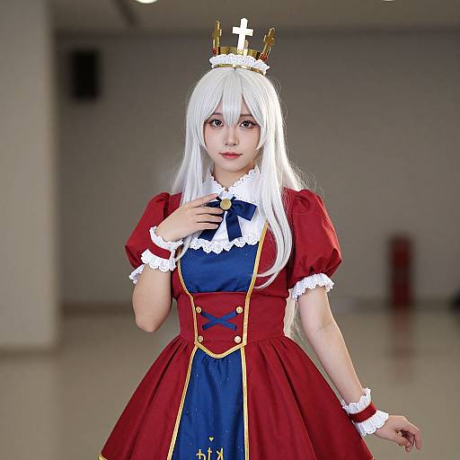 Anime-style photograph of a young woman with long white hair, wearing a red and blue maid outfit with a gold crown and white frilled edges, standing