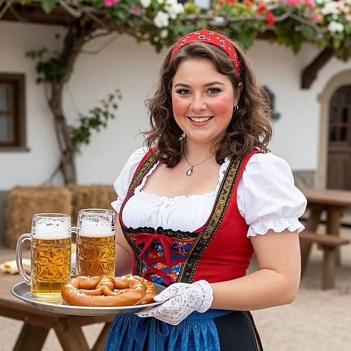 Photograph of a smiling woman in a traditional German dirndl, holding a tray with beer mugs and pretzels, outdoors with white house and