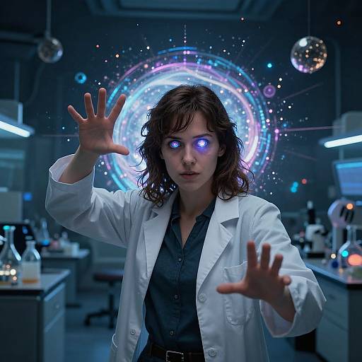 Photorealistic CGI of a woman with glowing blue eyes, wearing a white lab coat, reaching out with hands up, surrounded by a cosmic, colorful