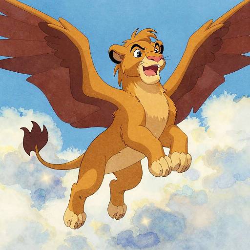 Animated lion with brown wings joyfully flying through a bright blue sky with fluffy white clouds, mouth open in excitement.