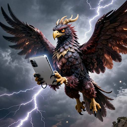 Digital illustration: Dark, feathered griffin with yellow beak and horns, holding tablet, flying against a stormy sky with lightning.