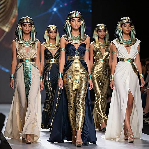 Photograph of five women in ancient Egyptian-inspired fashion on a runway, wearing striped headdresses, gold and black dresses, and turquoise accessories.