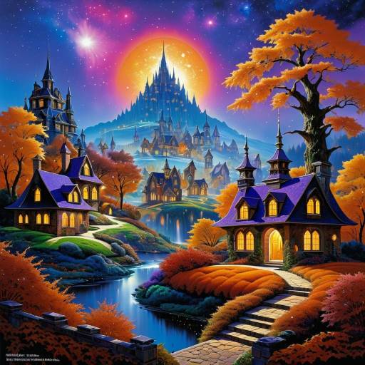 Majestic Autumn Village Under a Galaxy