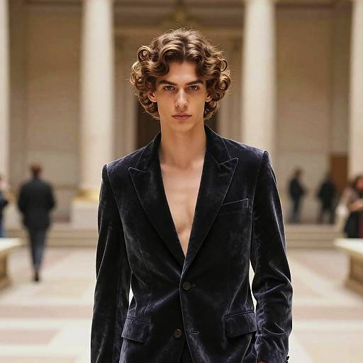 Photograph of a slim, young male model with curly brown hair, wearing an open black velvet suit, walking down a brightly lit, grandiose