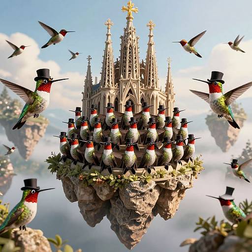 Digital artwork of a floating, Gothic-style castle surrounded by hummingbirds with redthroats and black tops, set against a cloudy sky.