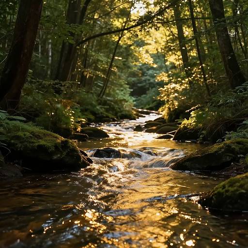 Photograph of a sunlit forest stream, showcasing golden sunlight filtering through trees, reflecting off rippling water, surrounded by lush greenery and moss-covered