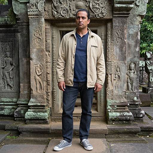 Photograph of a serious, short-haired man in a beige jacket, navy polo, and jeans, standing in front of an intricately carved, ancient