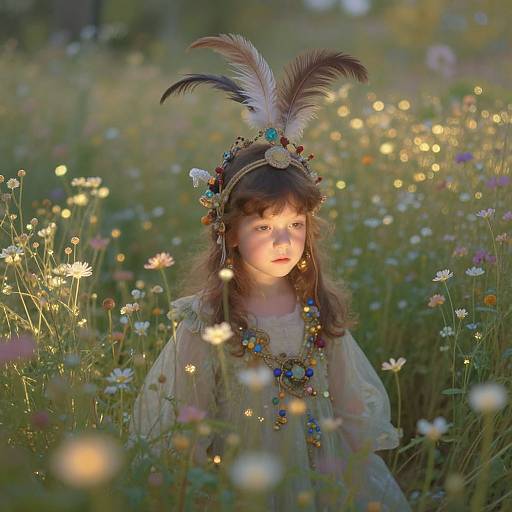Photograph of a young girl with brown hair, wearing a feathered headpiece, floral crown, and beaded necklace, standing in a sunlit